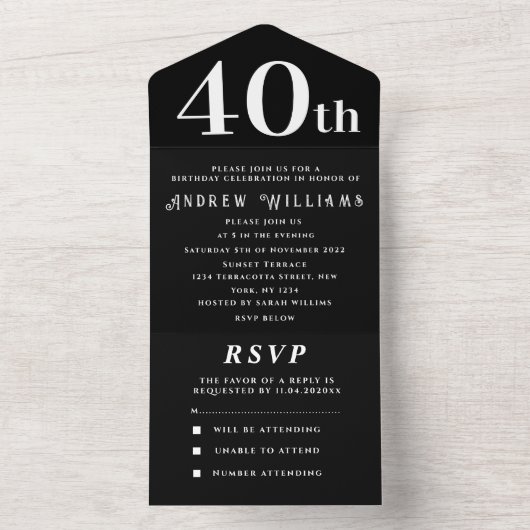 40e verjaardagsfeestje zwart wit eenvoudig modern all in one uitnodiging (Binnen)