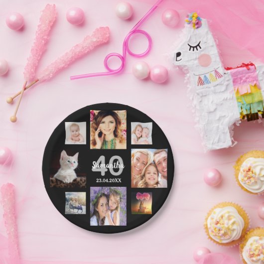 40e verjaardagsfeestje zwarte fotocollage vrouw papieren bordje (Feest)