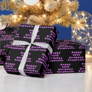 40e Verjaardagsfeestnaam Zwart Paarse Patroon Cadeaupapier