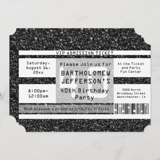40e verjaardagsfeestticket, Black Shimmer Kaart (Voorkant / Achterkant)