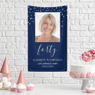 40e verjaardagsfoto Navy Blue Zilveren Confetti Spandoek