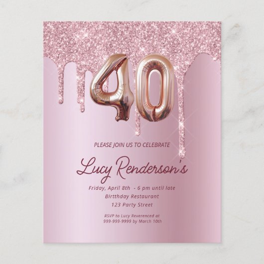 40e verjaardagskaart voor haar glitter (Voorkant)