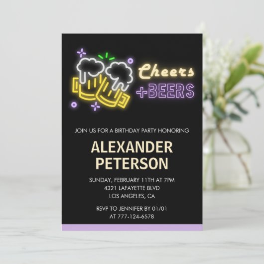 40e verjaardagsuitnodiging Cheers Beer Mannen Neon Kaart (Staand voorkant)