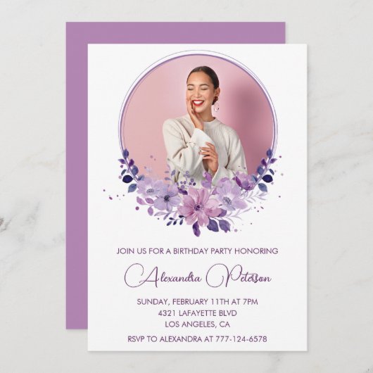 40e verjaardagsuitnodiging Foto Elegant Boho paars Kaart (Voorkant / Achterkant)