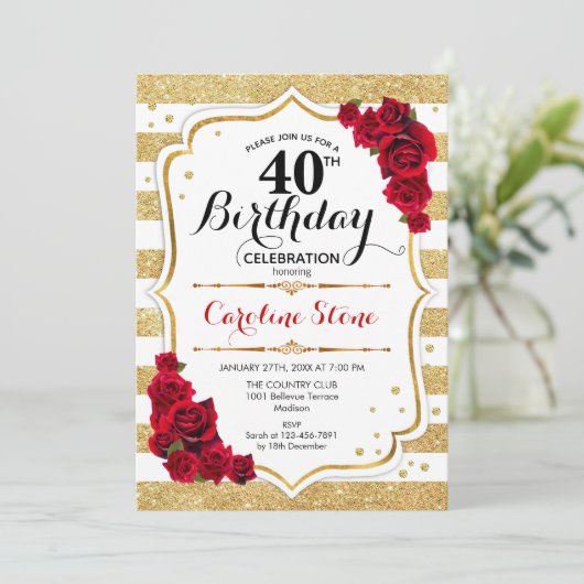 40e Verjaardagsuitnodiging Gouden Witte Strepen Ro Kaart (Staand voorkant)