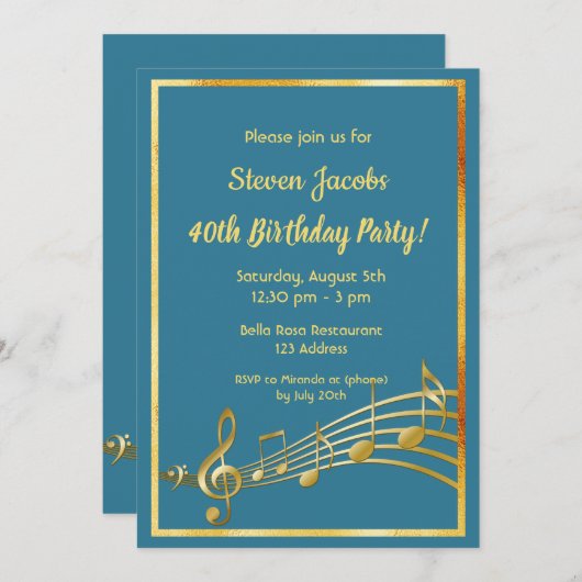 40e verluierfeest gouden muzieknoten turkoois blau kaart (Voorkant / Achterkant)