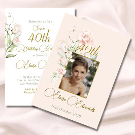 40e Verrassing Blush Roze Bloemen Foto Verjaardag Kaart