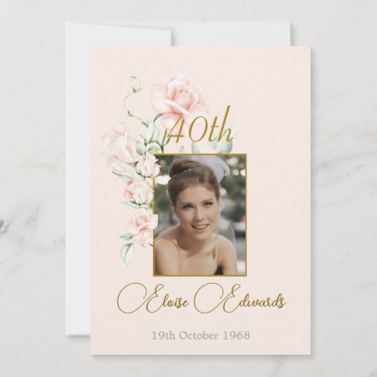 40e Verrassing Blush Roze Bloemen Foto Verjaardag Kaart (Achterkant)