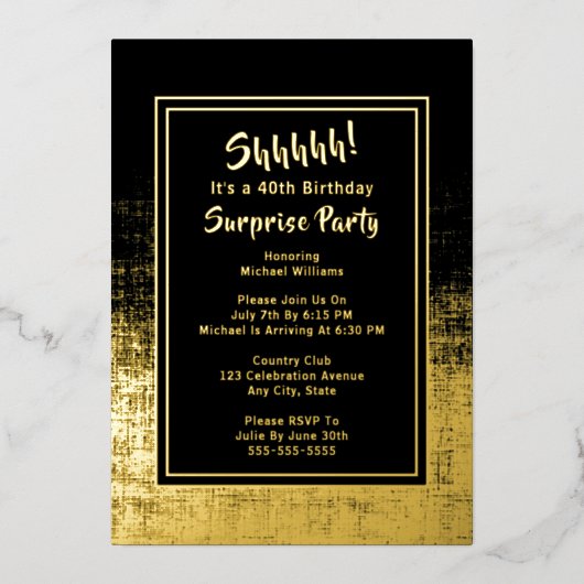 40e Verrassing Verjaardagsfoto op Black & Gold Folie Uitnodiging (Voorkant)