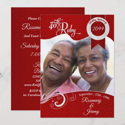 40e Vibrant Ruby Red Damask - Aangepaste foto Kaart (Voorkant / Achterkant)