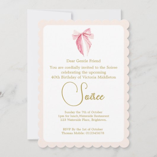 40e Waterverf Roze Elegante Verjaardagsstrik Kaart (Voorkant)