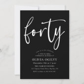 40e Wit op Black Birthday Party Modern Script Kaart (Voorkant)
