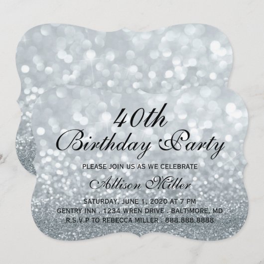 40e Zilveren Glitter Glam Verjaardagsfeest Uitnodi Kaart (Voorkant / Achterkant)