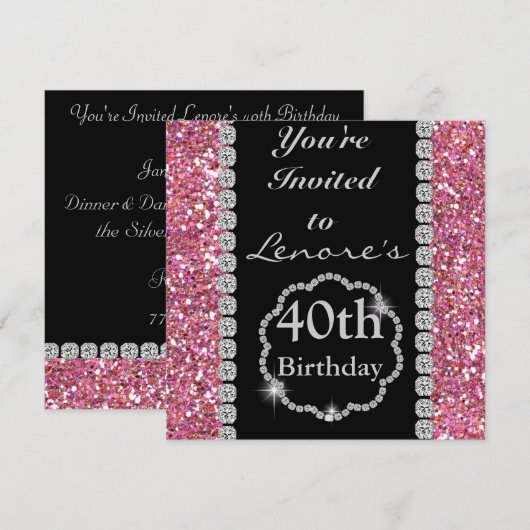 40e ZWART-partij-uitnodiging op zaterdag PINK Kaart (Voorkant / Achterkant)