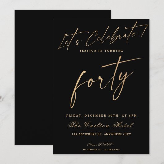 40e zwarte en goudlegante geboortedag kaart (Voorkant / Achterkant)