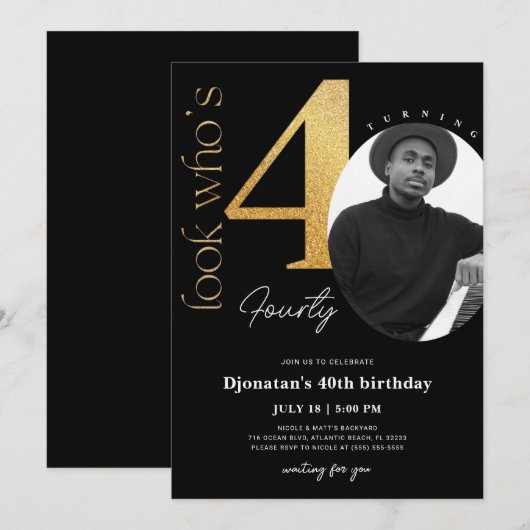 40e zwarte gouduitnodiging met foto kaart (Voorkant / Achterkant)