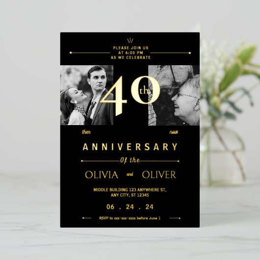 40ste bruiloft Jubileum toen en nu Folie Uitnodiging (Staand Voorkant)