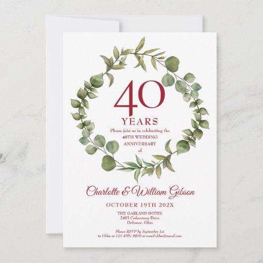 40ste bruiloftsjubileum Elegante bloemguirlande Kaart (Voorkant)