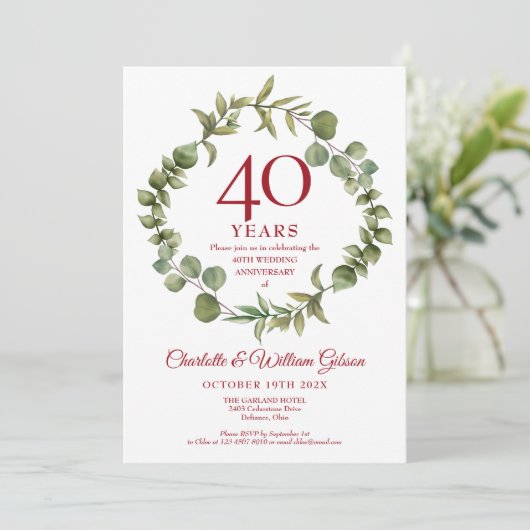 40ste bruiloftsjubileum Elegante bloemguirlande Kaart (Staand voorkant)