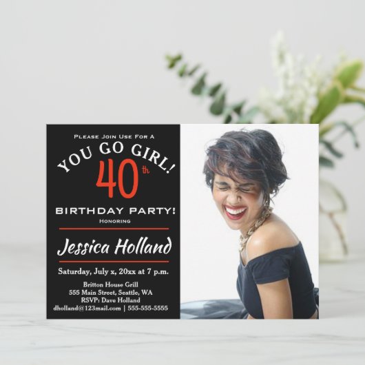 40ste GA JE MEISJE! Birthday Party Photo Invitatio Kaart (Staand voorkant)
