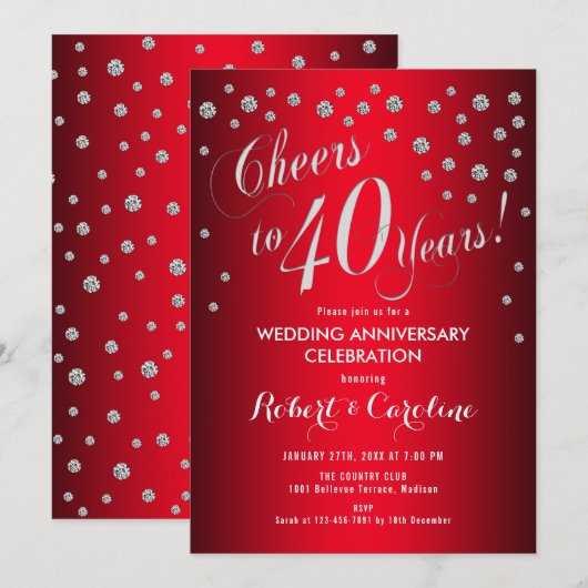 40ste huwelijksjubileum - Rood & Zilver Kaart (Voorkant / Achterkant)
