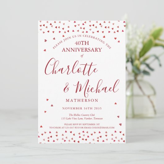 40ste huwelijksjubileum Ruby Hearts Script Kaart (Staand voorkant)