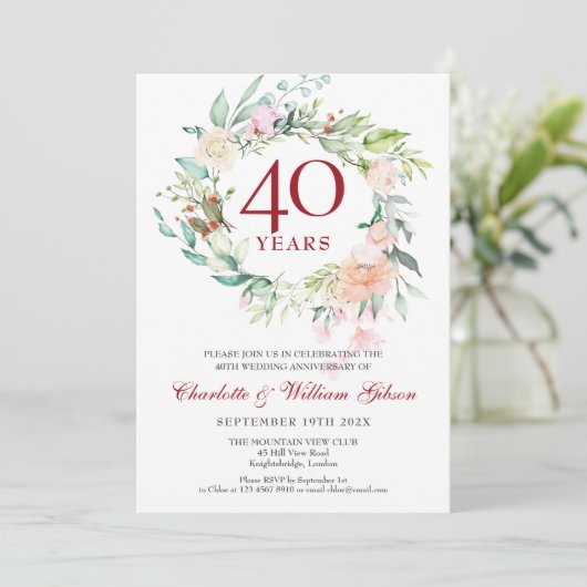 40ste Jubileum van het huwelijk Ruby Waterverf Flo Kaart (Staand voorkant)