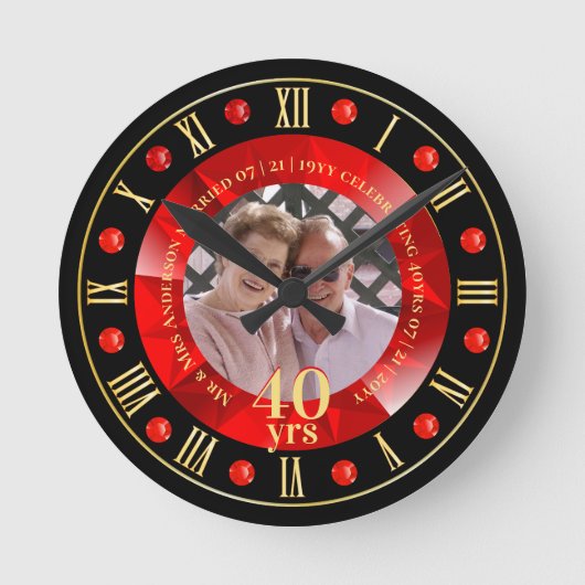 40ste Jubileum voor bruiloft PHOTO Gift Ruby Red Ronde Klok (Voorkant)
