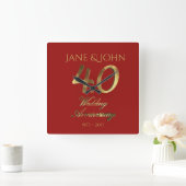 40ste Jubileum voor bruiloft Ruby Wedding Red Gold Vierkante Klok (Huis)