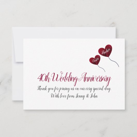 40ste robijnen huwelijksjubileum rode hartballonne bedankkaart (Achterkant)