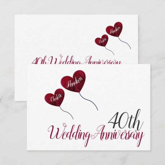 40ste robijnen huwelijksjubileum rode hartballonne bedankkaart (Voorkant / Achterkant)