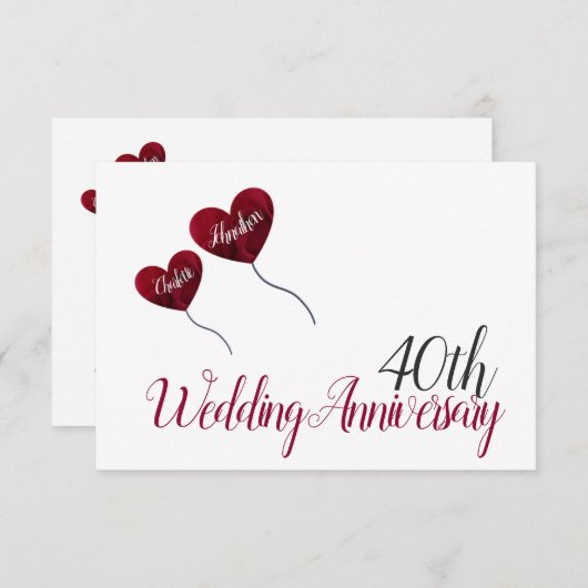 40ste Ruby bruiloft herdenking rode hartballonnen RSVP Kaartje (Voorkant / Achterkant)