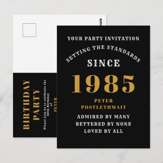 40ste verjaardag 1985 Zwart Goud Briefkaart (Voorkant / Achterkant)