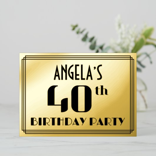 40ste verjaardag: Art Deco Kijk "40" en naam Folie Uitnodiging (Staand Voorkant)