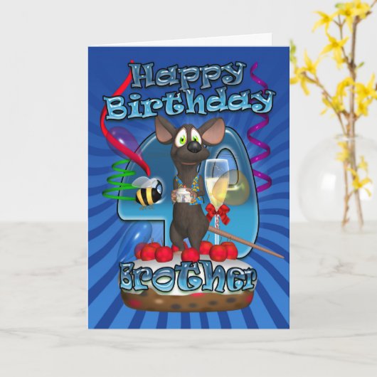 40ste verjaardag Kaart voor broeder - Funky Mouse  (Gele Bloem)