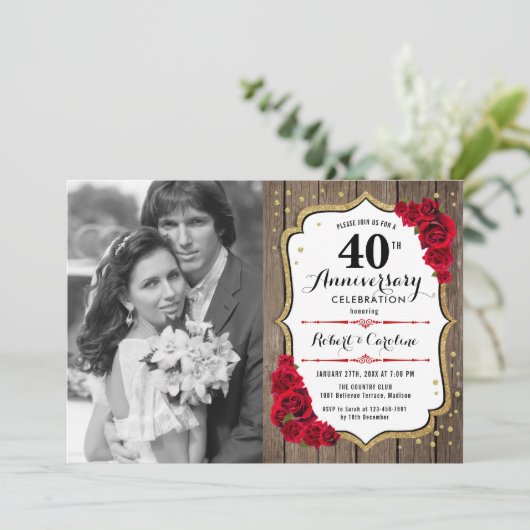 40ste verjaardag met foto - hout robijnrood kaart (Staand voorkant)