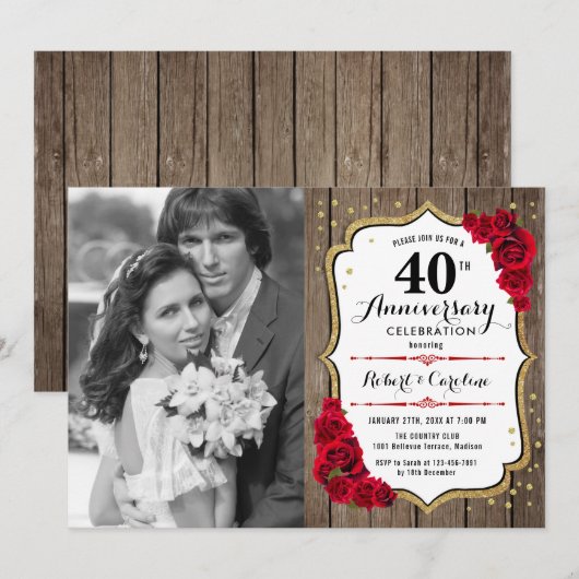 40ste verjaardag met foto - hout robijnrood kaart (Voorkant / Achterkant)
