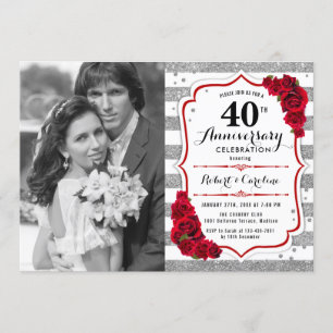40ste verjaardag met foto - robijnrood zilver kaart