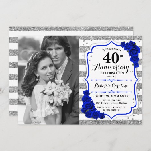 40ste verjaardag met foto - saffierblauw zilver kaart (Voorkant / Achterkant)