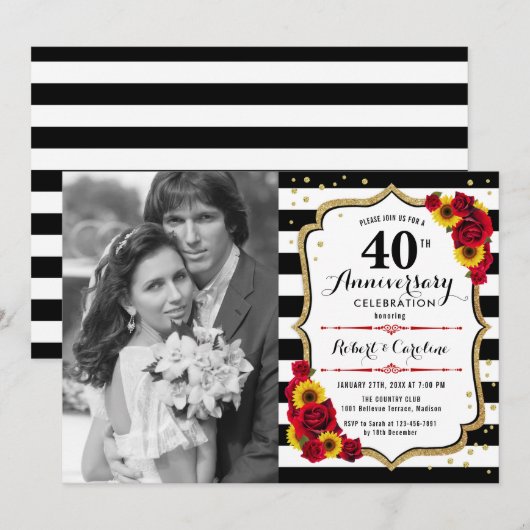 40ste verjaardag met foto - zonnebloemen rozen kaart (Voorkant / Achterkant)