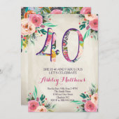 40ste verjaardag: Mooie Florale uitnodiging, Kaart (Voorkant / Achterkant)