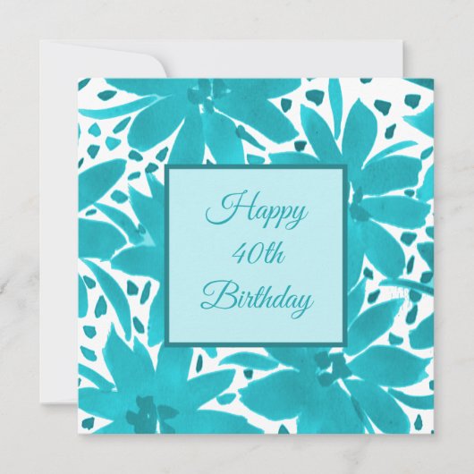40ste verjaardag Turquoise Blauwe Bloemen Aquarel  Kaart (Voorkant)