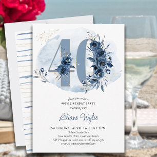 40ste verjaardagsfeest kustblauw bloemmotief numme kaart
