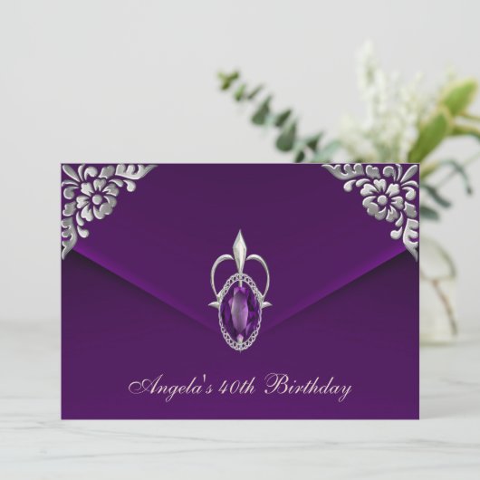 40ste verjaardagsfeest Royal Zilveren Pruim Fluwel Kaart (Staand voorkant)