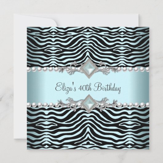 40ste verjaardagsfeest zebra turquoise blauw witte kaart (Voorkant)