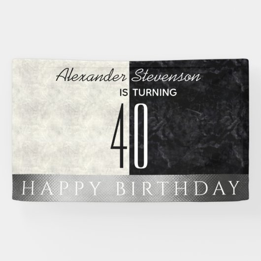 40ste verjaardagsfeest, zwart en wit marmer spandoek (Horizontaal)