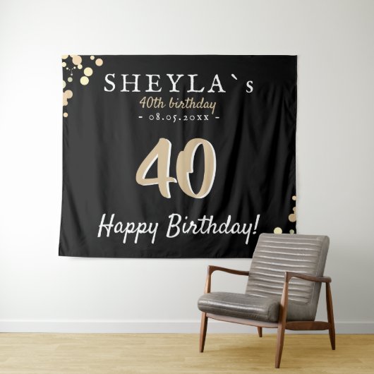 40ste verjaardagsfeest Zwart Gouden Achtergrond Wandkleed (In Situ (horizontaal))