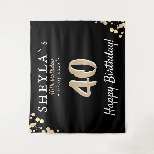 40ste verjaardagsfeest Zwart Gouden Achtergrond Wandkleed (Voorkant)