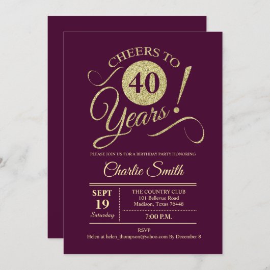40ste verjaardagsfeestje - Bourgogne Goud Kaart (Voorkant / Achterkant)