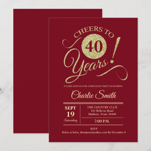 40ste verjaardagsfeestje - donkerrood goud kaart (Voorkant / Achterkant)